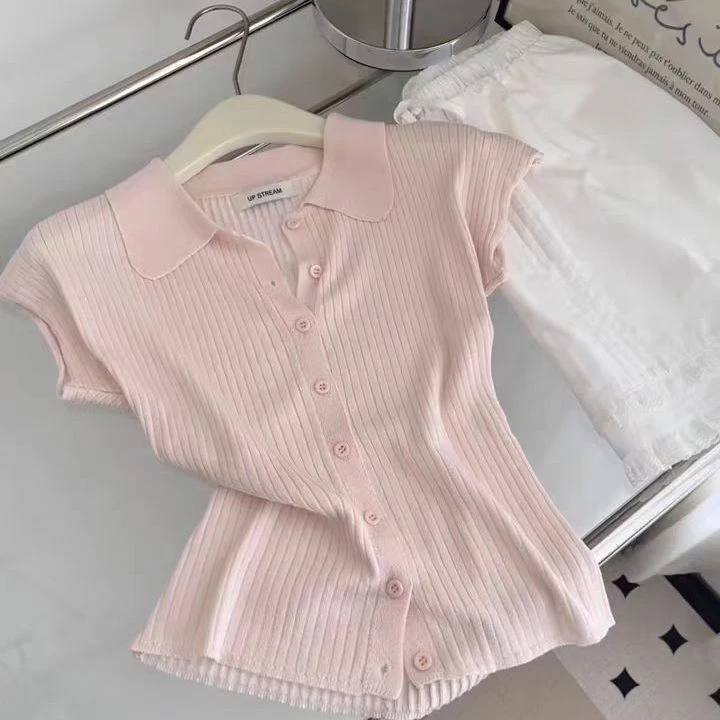 韩系粉色甜美冰丝针织开衫女夏季新款超好看小飞袖单排扣修身上衣