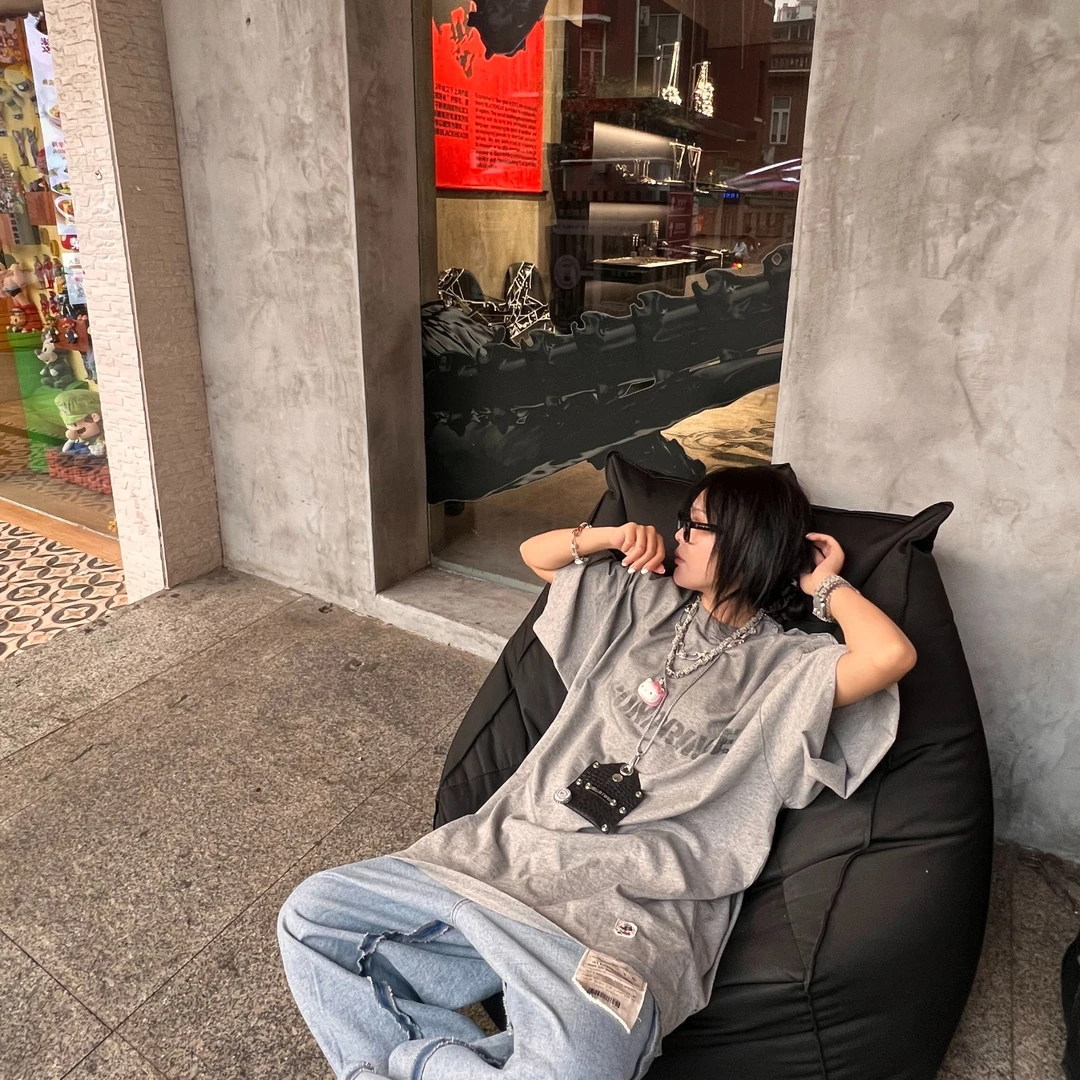 Laurine原创宽松慵懒重工字母脏脏T恤