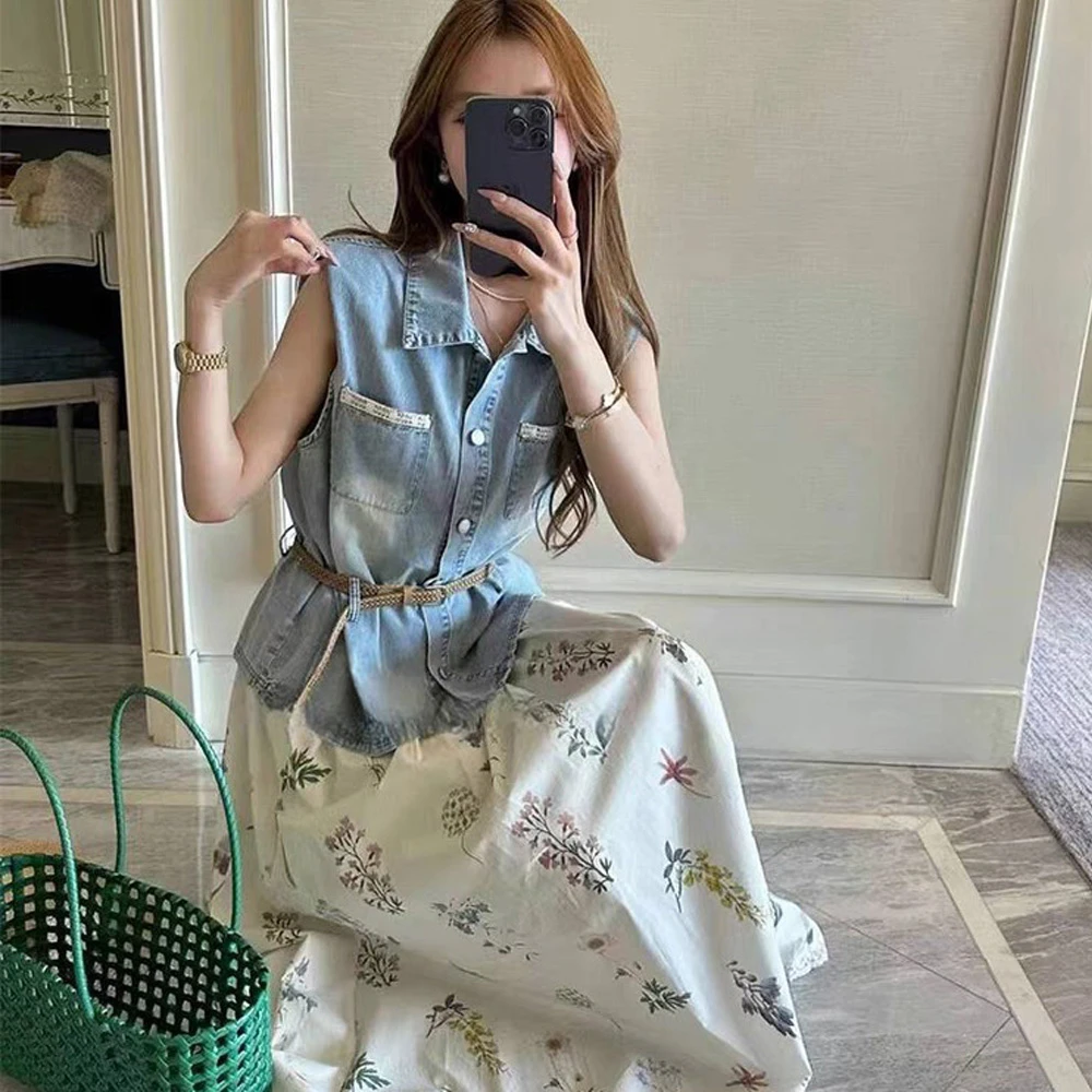 2025夏季新款韩版休闲翻领无袖马甲牛仔上衣碎花半身裙两件套女