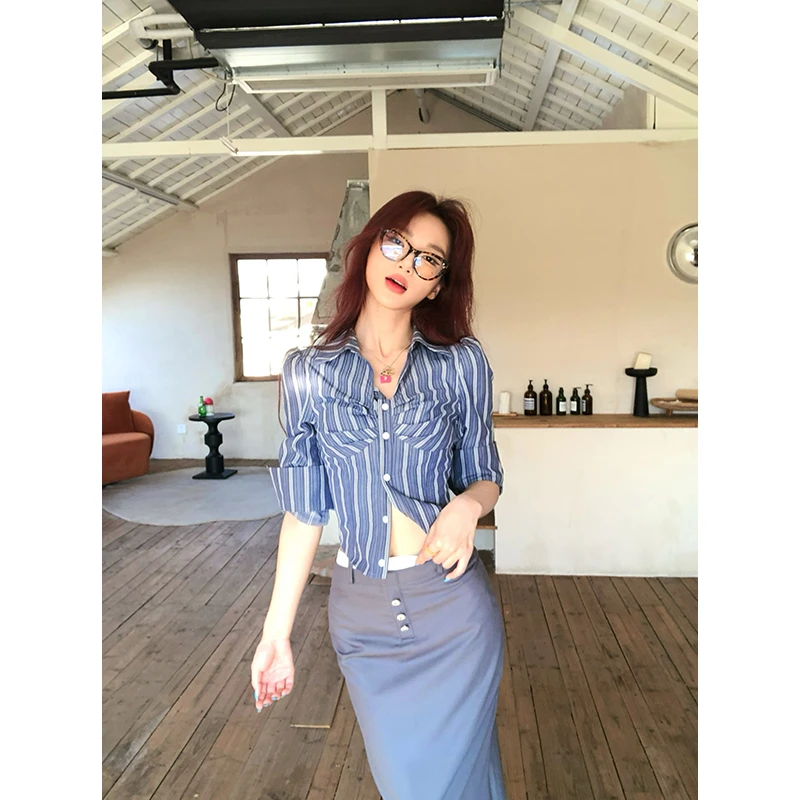 【12YE】纯欲风灰色拼色腰头中腰A字版长半裙 Q0051