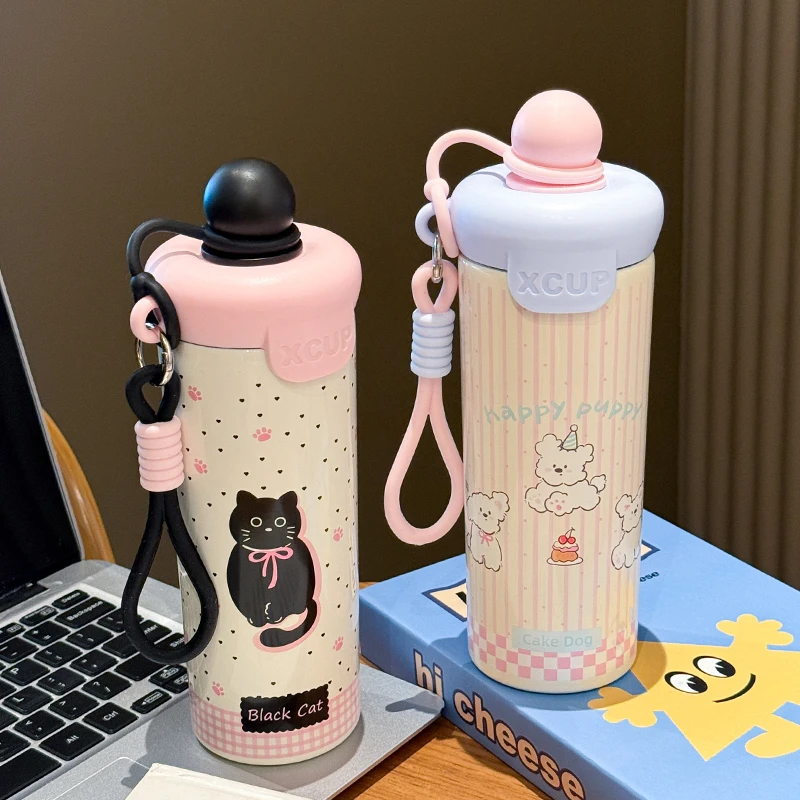 熊贝家可爱卡通吸管保温杯大容量水杯新款学生杯子便携提手杯女生