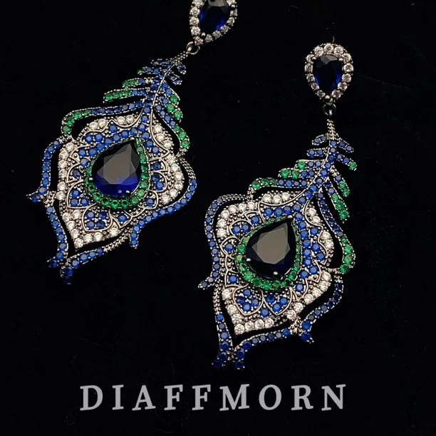 铜合金合成锆石耳饰 DFM《蓝梦孔雀》重工新中式国风气质高级感耳环