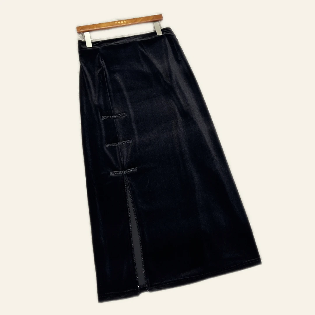 （黑美人半裙）新中式丝绒半身裙高腰a字裙时尚百搭春秋款