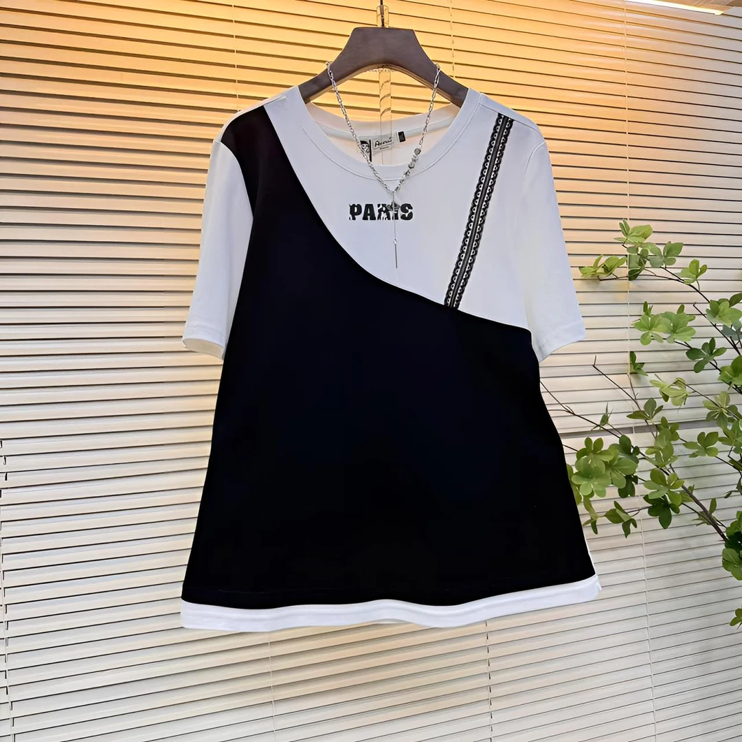 T恤女新款2025夏季圆领拼接假两件时尚短袖显瘦气质百搭上衣小衫
