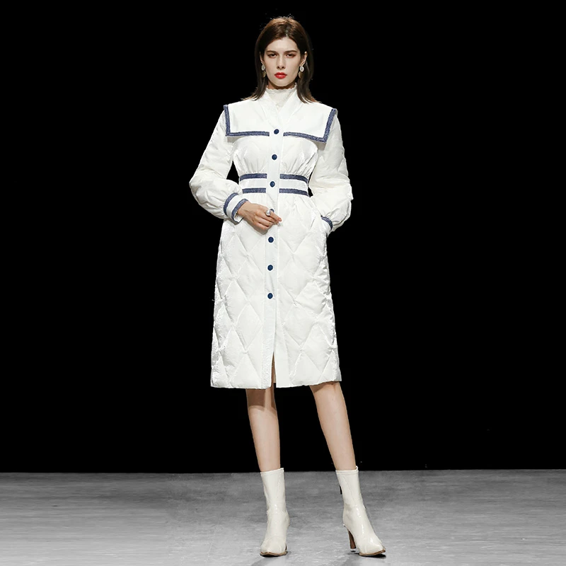妮-冬季时尚大翻领收腰显瘦白鸭绒灯笼袖白色长款羽绒服QC25117