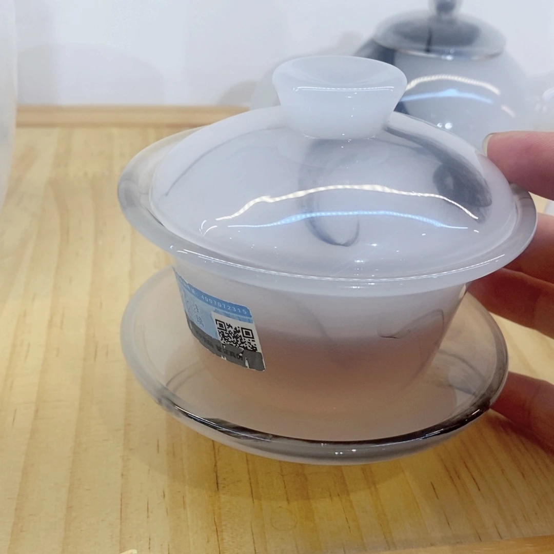 琉璃手工艺品水墨盖碗一副