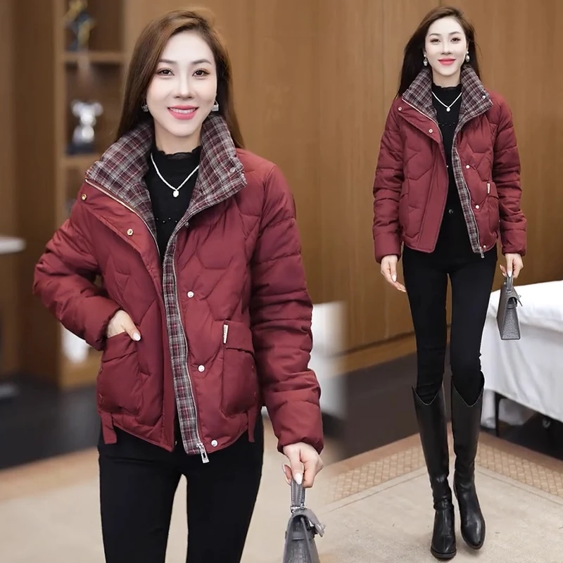 时尚短款棉服女2025冬季新款洋气质显瘦加厚保暖立领格子拼接棉衣