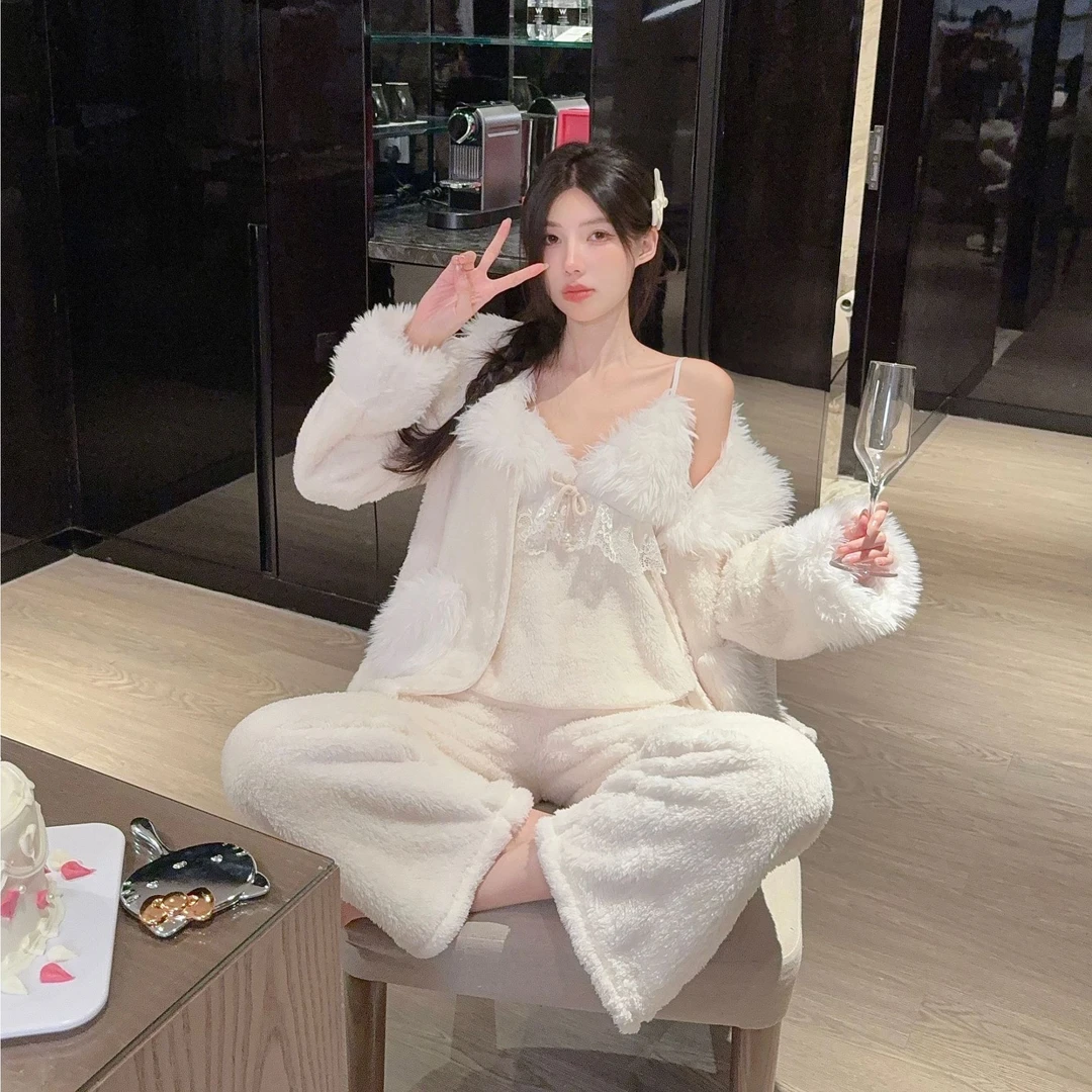 彭裳裳【糯白婄暖】高级时尚宽松舒适加厚加绒保暖居家秋冬睡衣套装