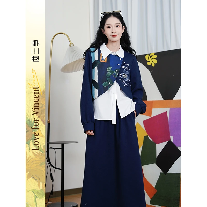 两三事【甜美臆想】2025秋新款马蒂斯印花拼接假两件衬衫半裙两件套