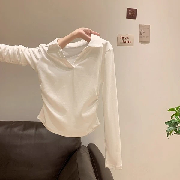 洋气纯色Polo领正肩长袖T恤秋冬新款褶皱修身显瘦翻领气质上衣女