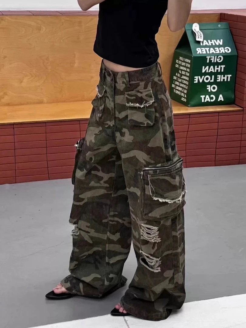 迷彩工装裤做旧阔腿裤印染水洗迷彩