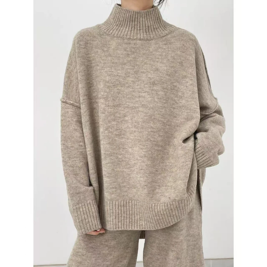 纯色高领毛衣套装女秋冬季新款休闲慵懒加厚针织长裤保暖两件套