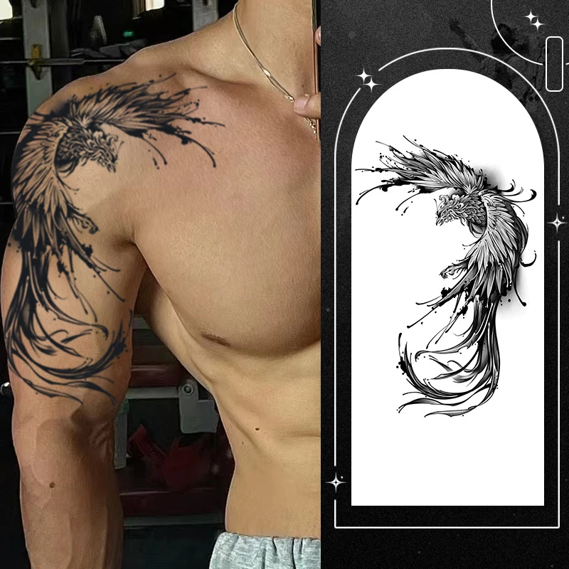 A凤凰草本纹身贴半永久果汁大花臂霸气男后背防搓不反光防水遮疤