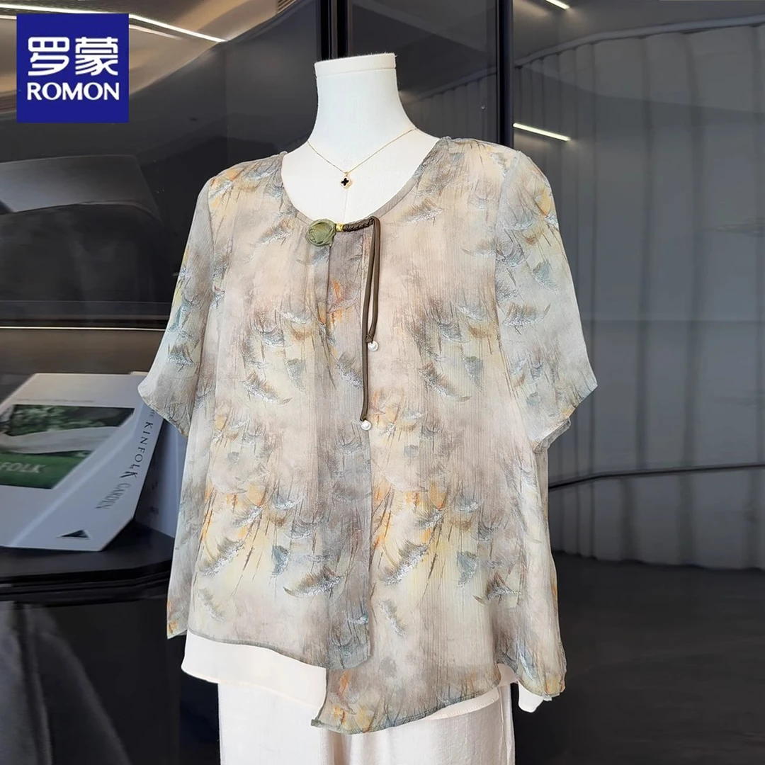罗蒙妈妈夏装洋气两件套装2025新款短袖上衣中老年女装雪纺小衫