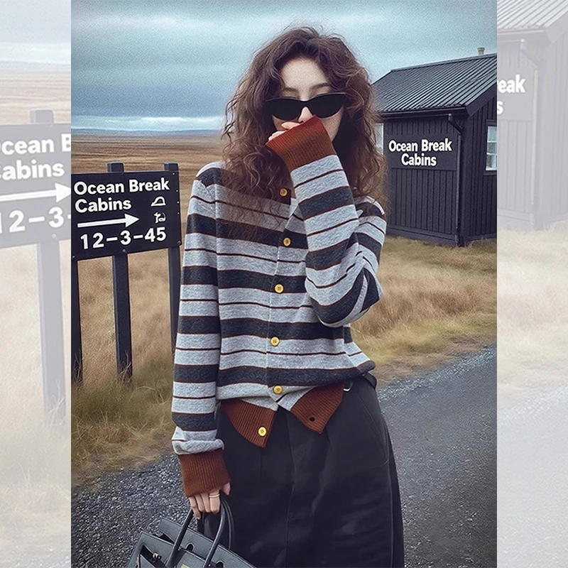 独特漂亮灰色条纹小衫休闲外穿毛衣女装秋冬针织开衫洋气高贵上衣
