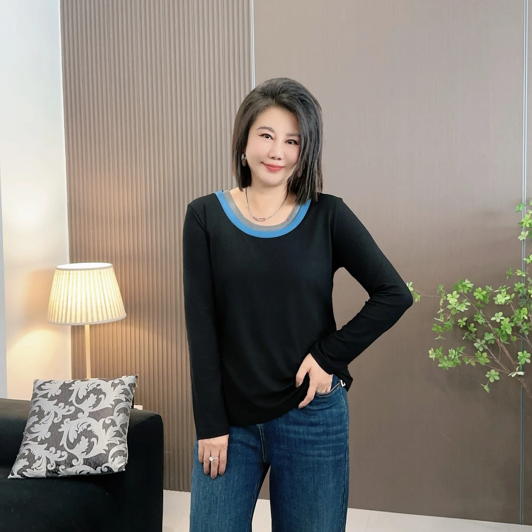 微胖女装【漫墨星辰】撞色领T恤内搭新款打底上衣老钱风松弛感20813