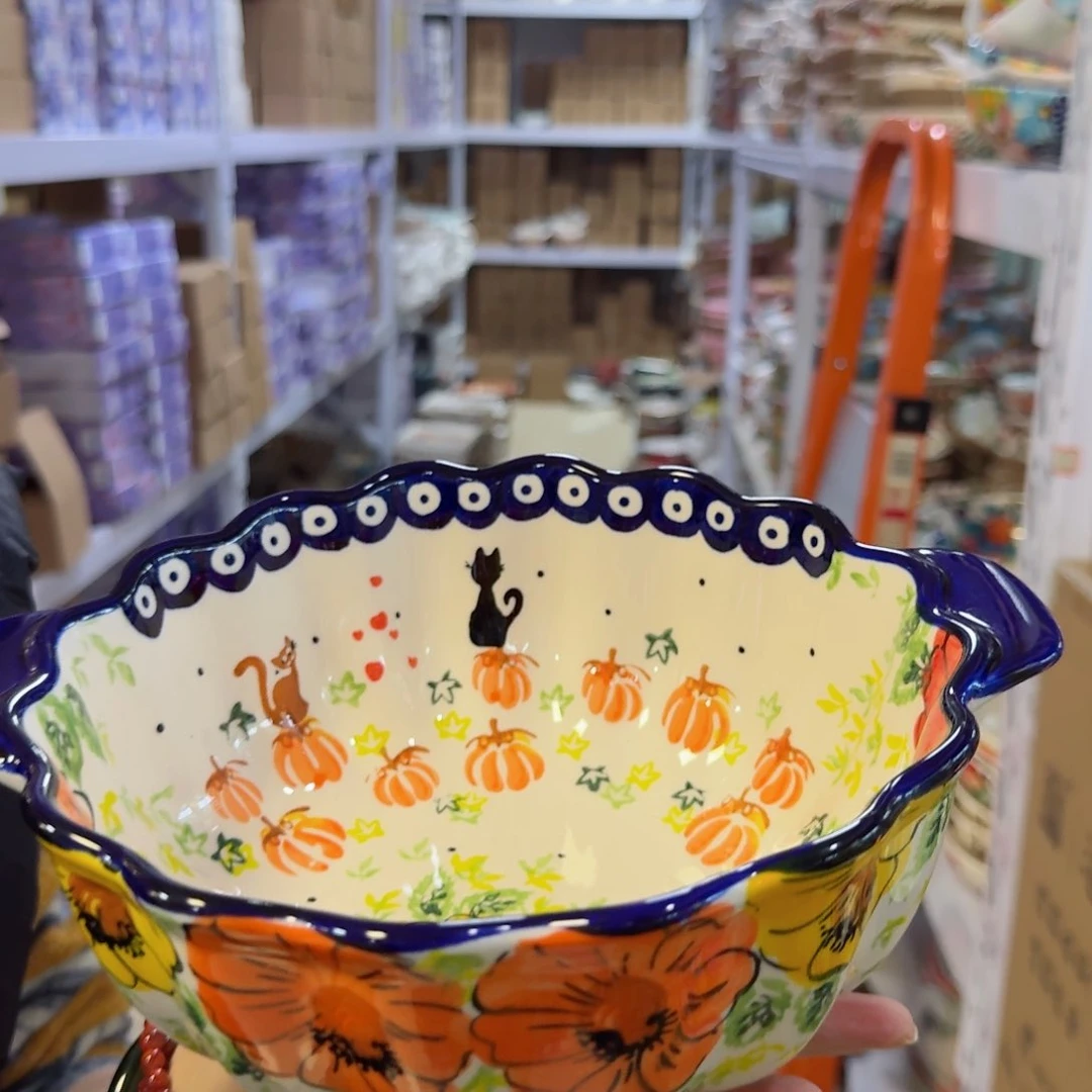 瓷片8英寸南瓜猫双耳碗一只