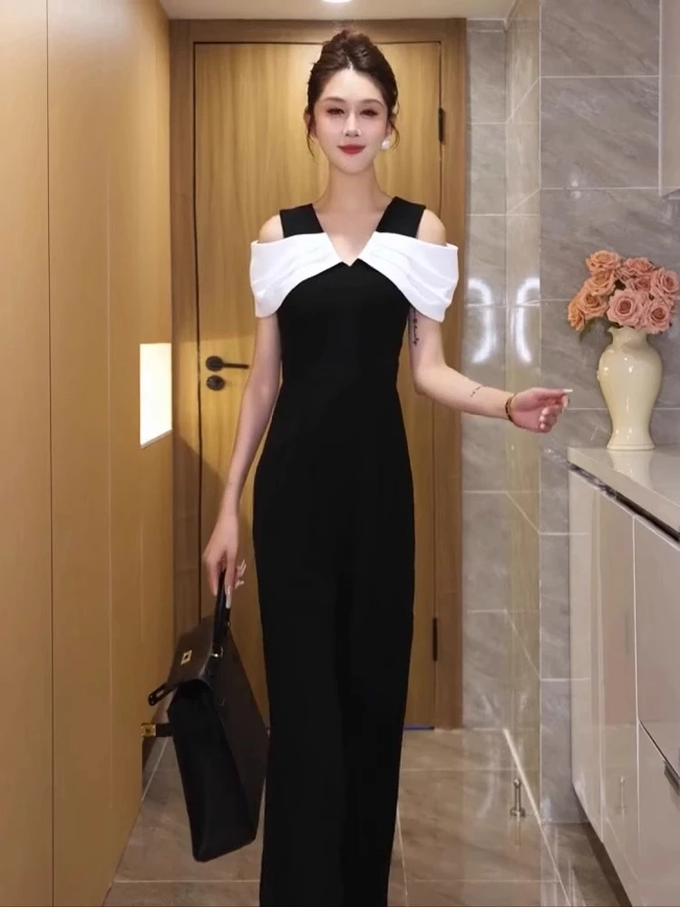 撞色露肩阔腿连体裤子女夏季大码胖mm气质减龄时尚高级直筒连体裤