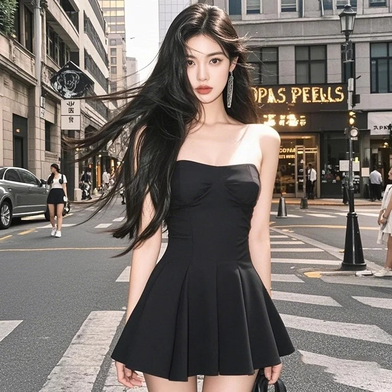 【KEKE】小个子气质一字肩抹胸性感辣妹小黑裙收腰显瘦a字连衣裙女
