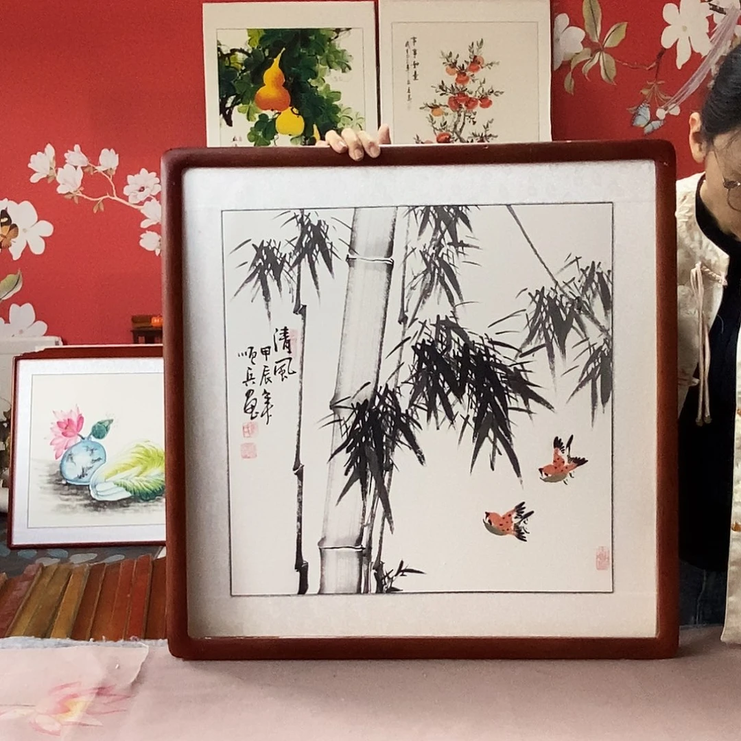 国画手写手绘国画作品带框包邮62✖️62