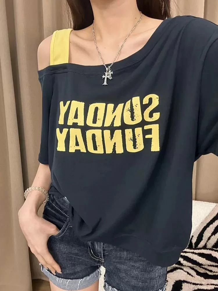 依依家大码女装印花小众设计感宽松字母简约微透短袖T恤短袖