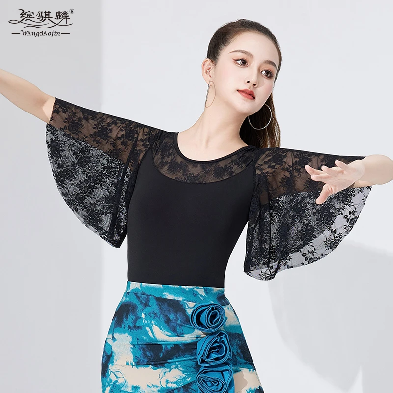 夏季新款拉丁舞上衣女时尚摩登舞服成人性感蕾丝喇叭袖跳舞练功服