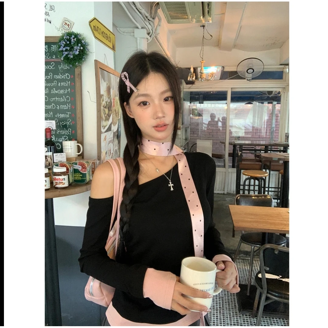 韩剧女二T恤秋季韩系气质百搭波点撞色拼接设计感T恤