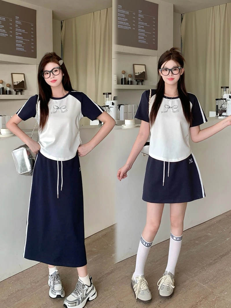 胖mm大码韩版休闲撞色短袖长短款半身裙套装19900短款+19929长款