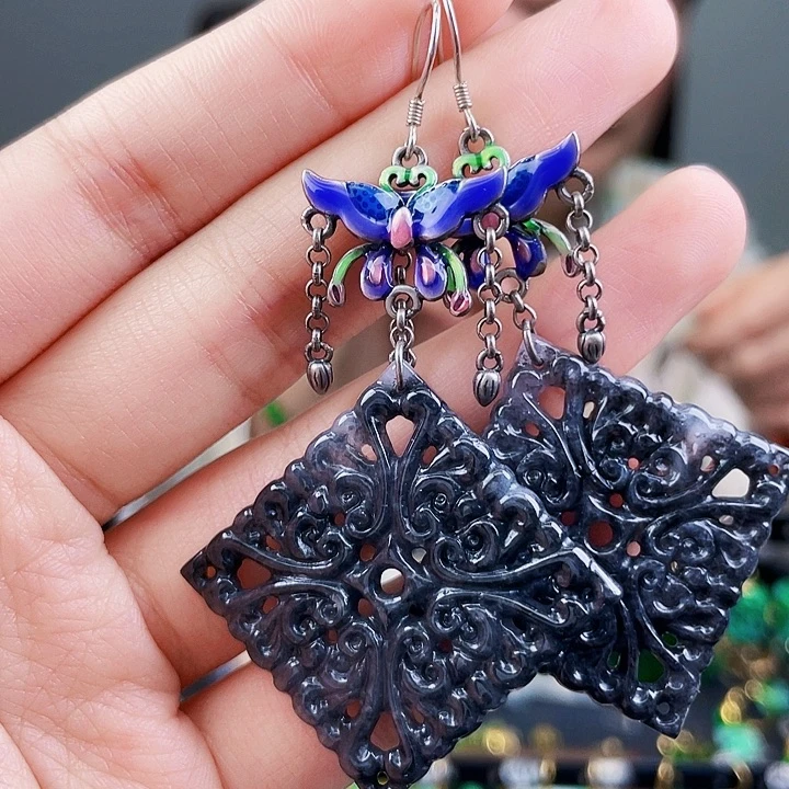 翡翠耳饰银S925镶嵌饰品