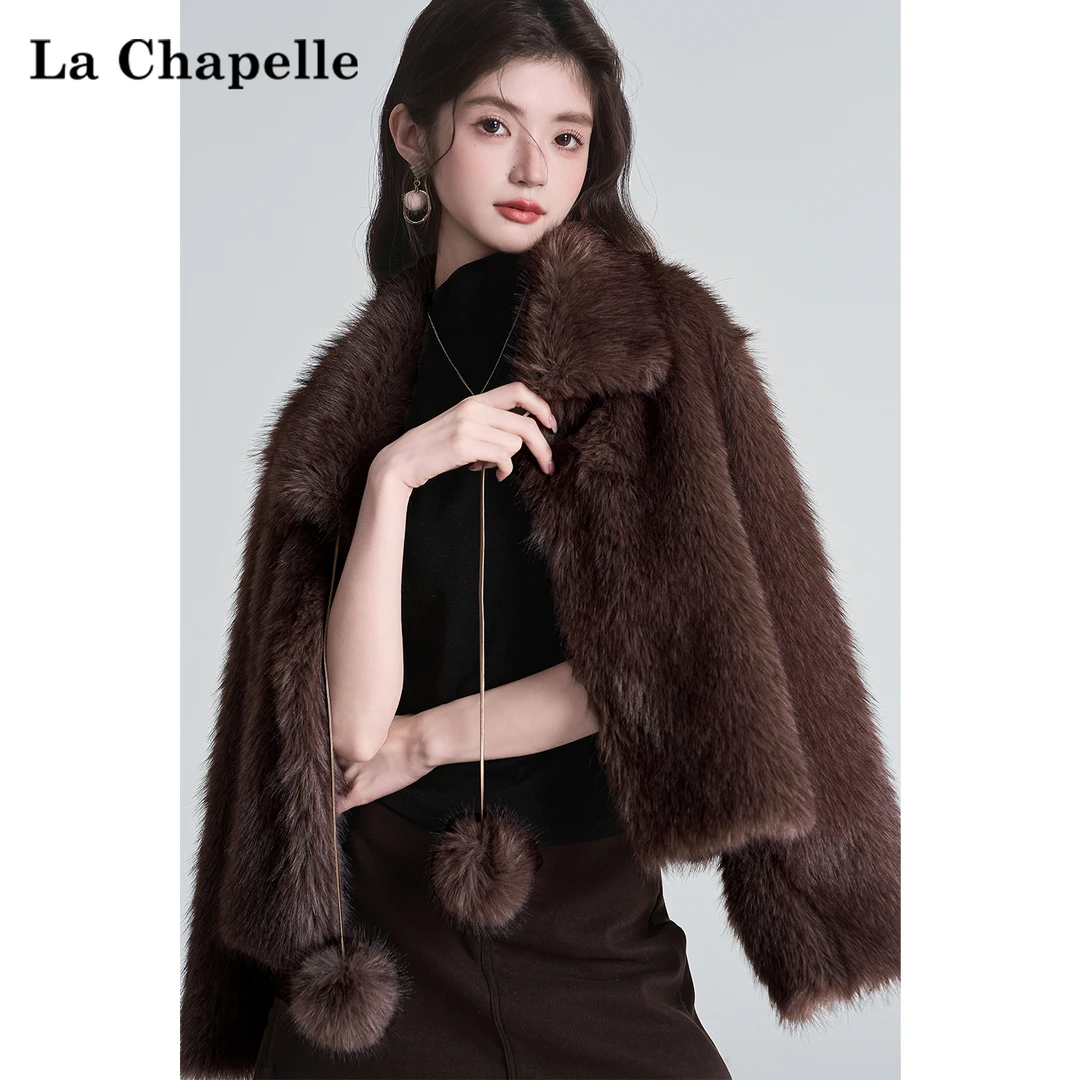 拉夏贝尔皮毛一体座山雕外套女冬季美式仿狐狸毛皮草加厚棉衣上衣