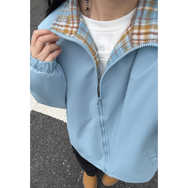 加绒fitcheck格子拼接夹克男春秋复古设计感无帽百搭美式保暖情侣