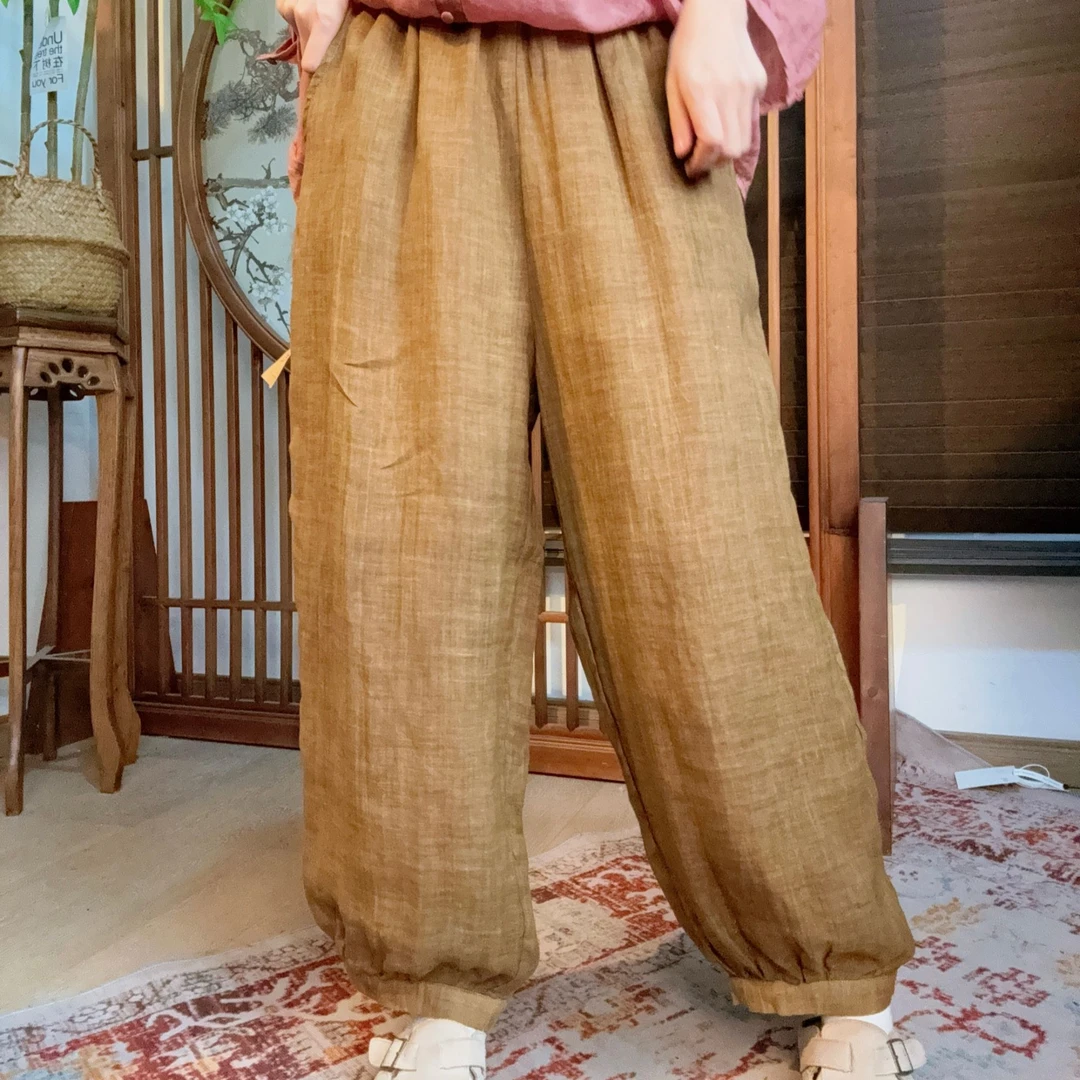 原胚自然晾晒纯手工炒色100%工艺双层苎麻裤子5052