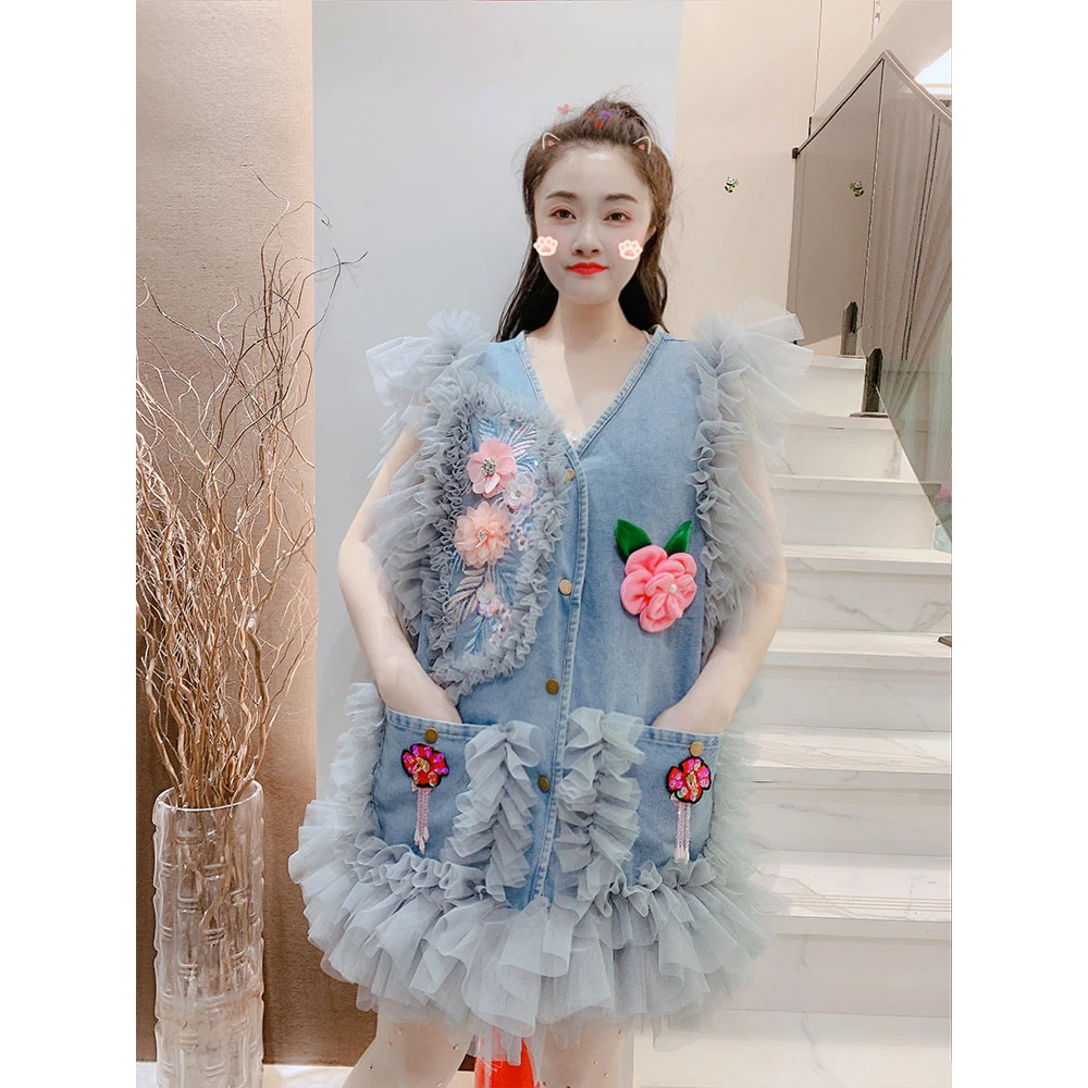 设计师款定制立体花朵V领牛仔马夹