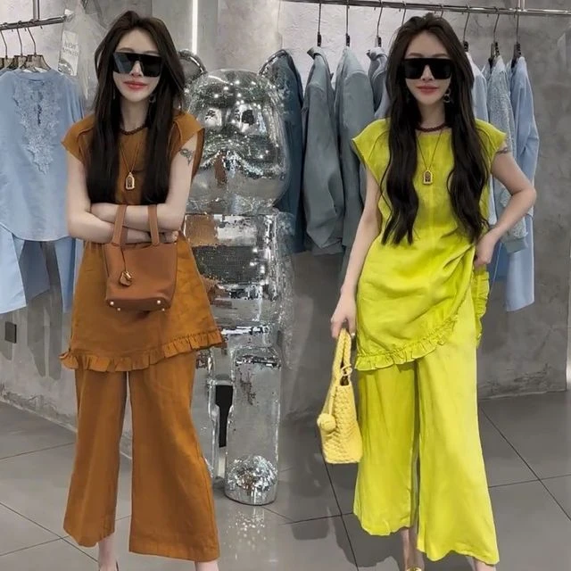 夏季韩系时尚气质显白纯色减龄轻熟风木耳边无袖上衣搭配阔腿裤潮