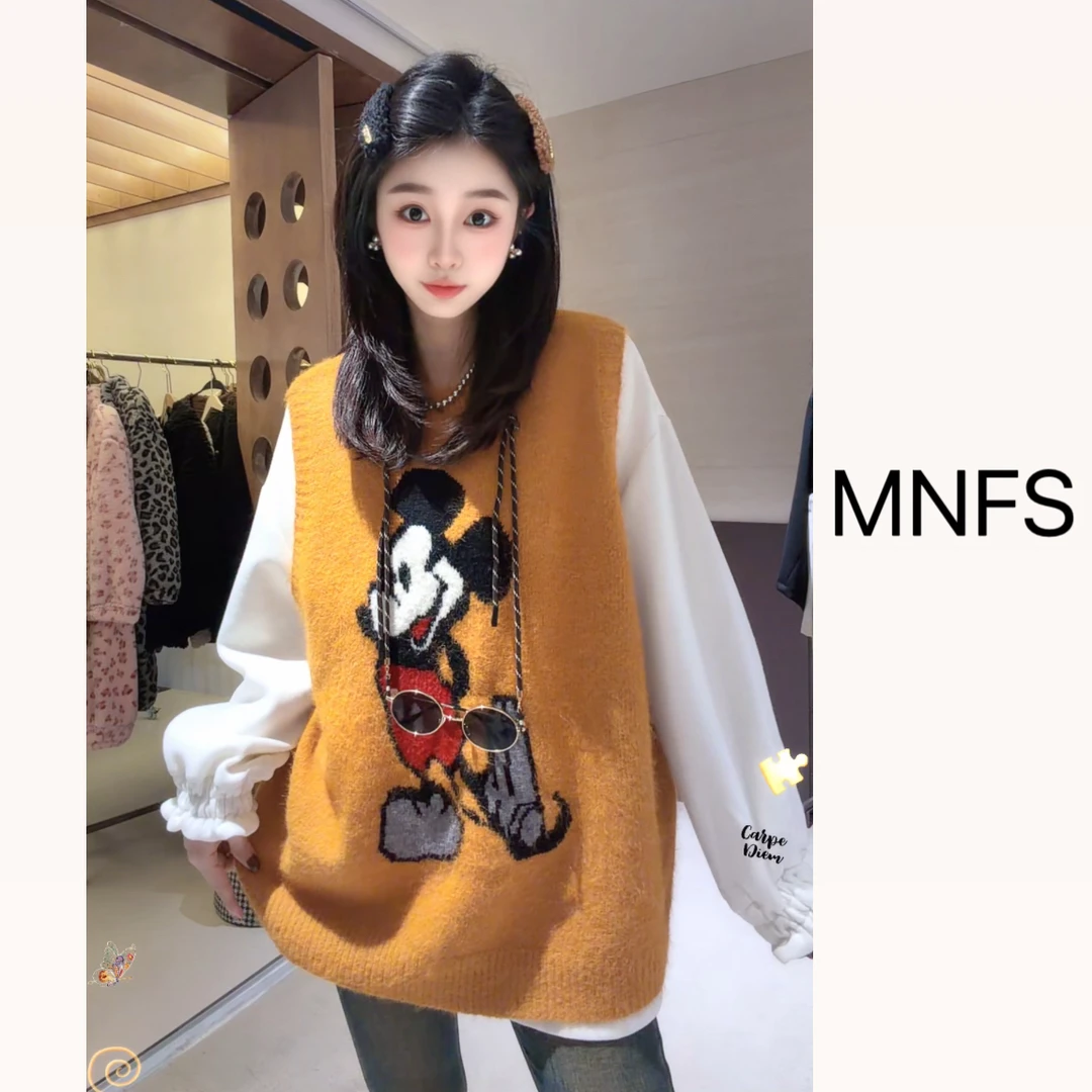 [麦霓定制]韩系减龄米奇提花宽松背心马甲2779