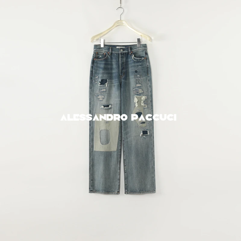 AP洛哥53051NK【乞丐裤/自由裂隙】棉+莱赛尔毛边补丁复古牛仔长裤