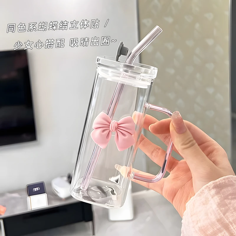 透明简约方形水杯女生ins风学生带把手耐高温高硼硅玻璃吸管杯子