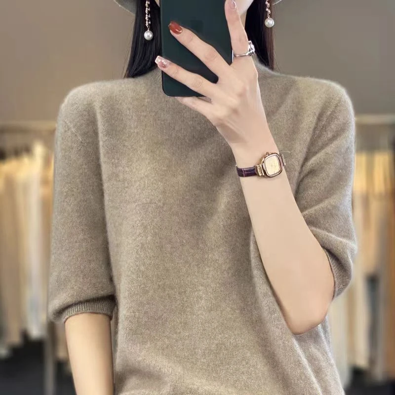 一线纯羊毛半高领五分袖套头打底纯百搭半袖