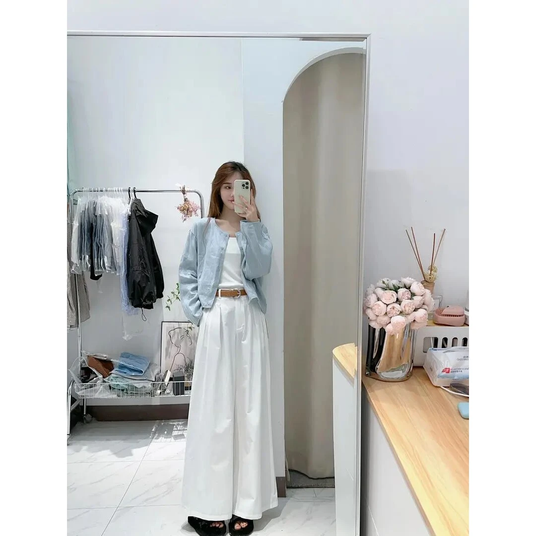 2025夏季休闲套装女装时尚蓝色短款外套开衫女高腰休闲长裤阔腿裤