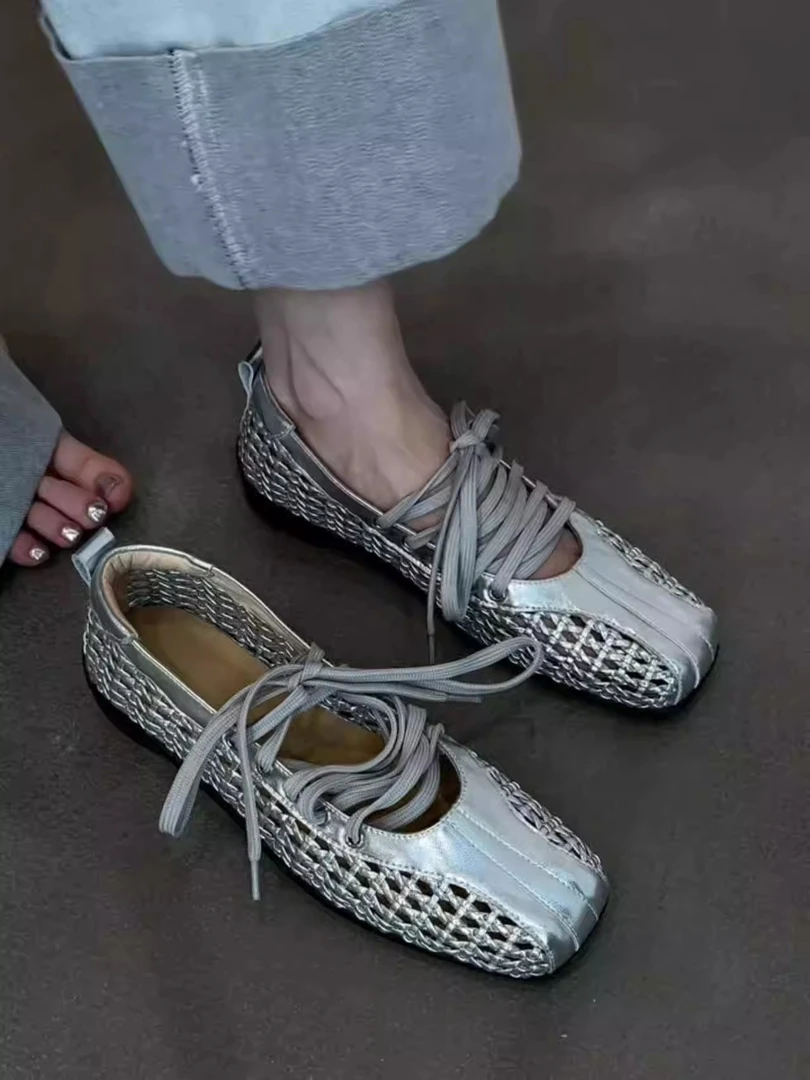 轻便版~小众复古银色绑带芭蕾舞鞋女2025年新款浅口单鞋玛丽珍鞋