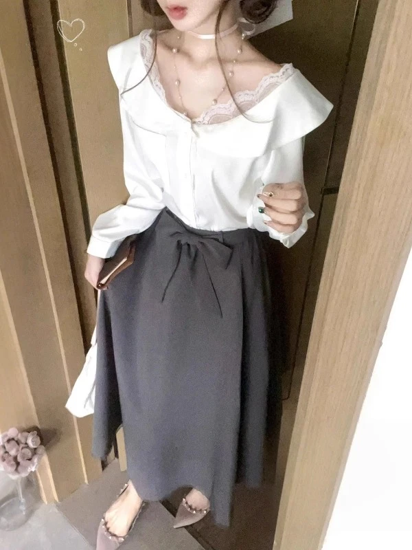 韩系甜美小个子OOTD穿搭一整套早秋新款蕾丝白色衬衫半身裙两件套