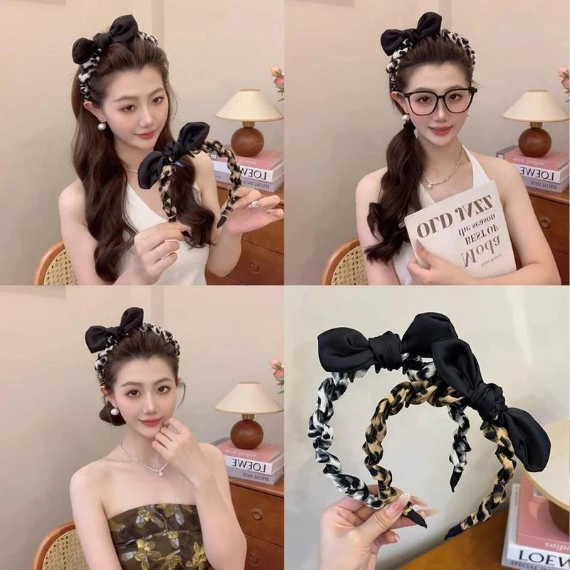 复古韩风豹纹蝴蝶结发箍女款2025新款甜美高颅顶洗脸日常外戴头箍