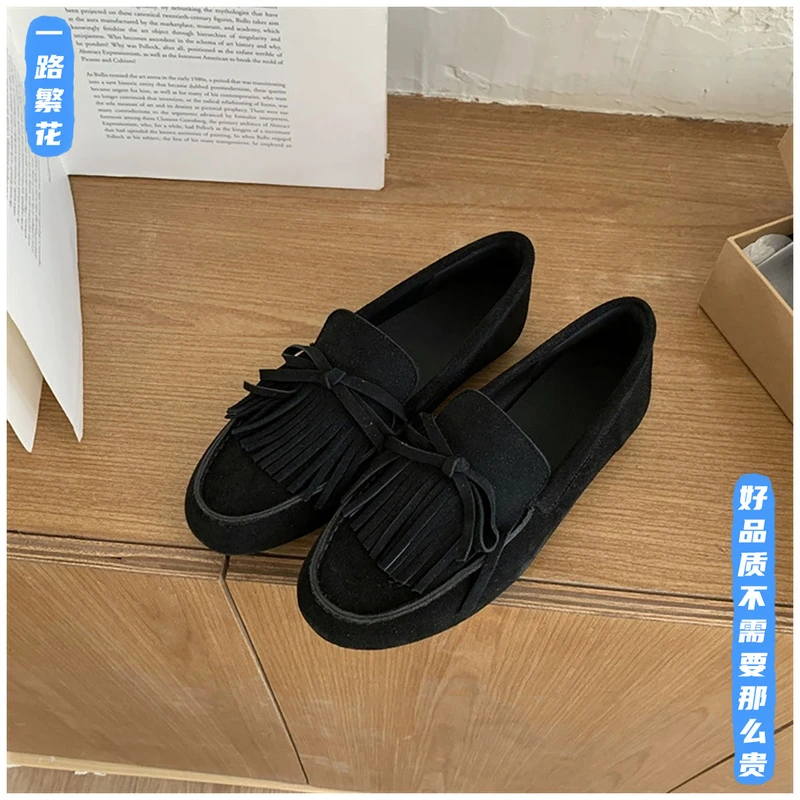 【花姐推荐】Jinxingqi文艺复古真皮流苏圆头一脚蹬乐福鞋懒人INS