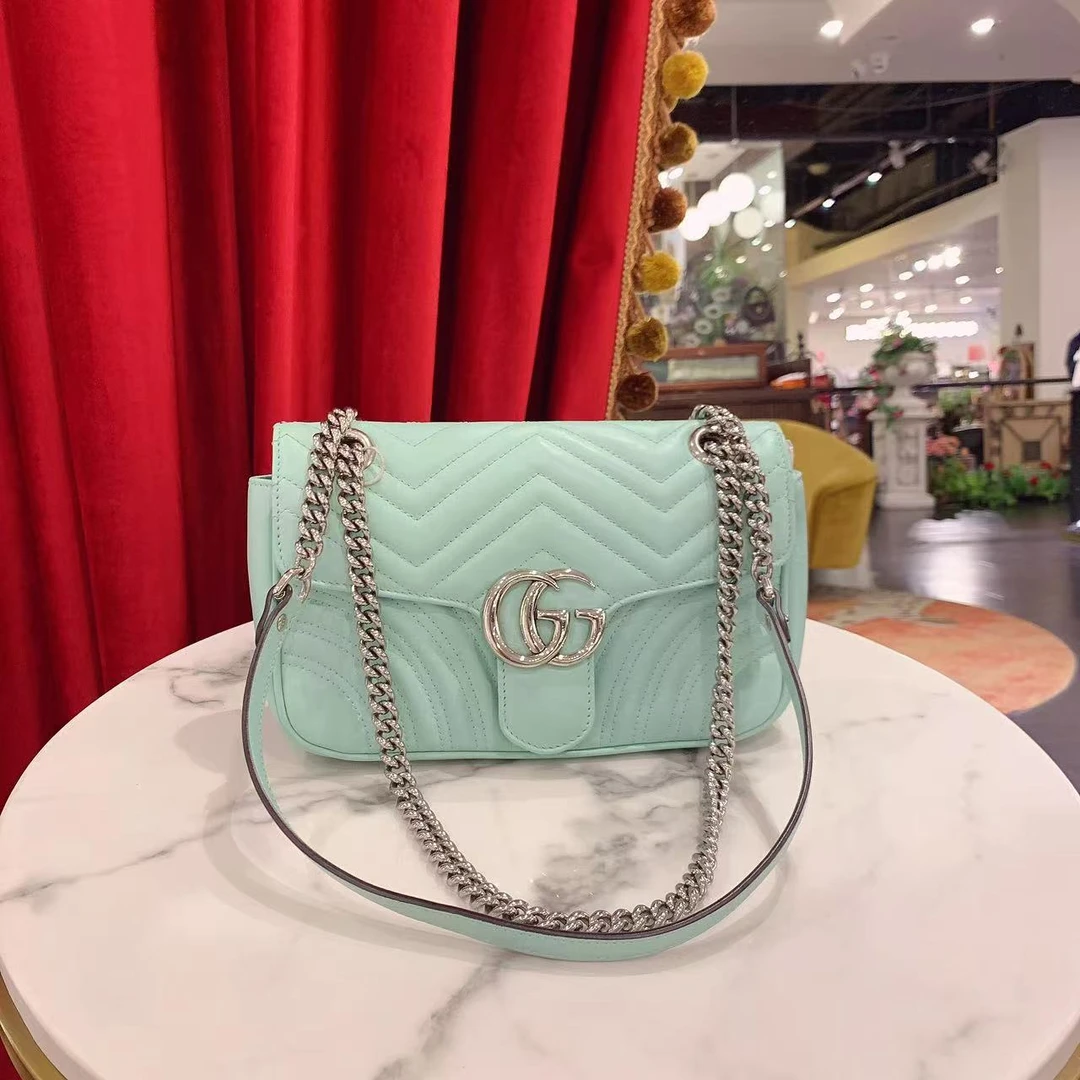 95新 GUCCI/古驰 GGS马蒙中号绿色银扣牛皮 39389668