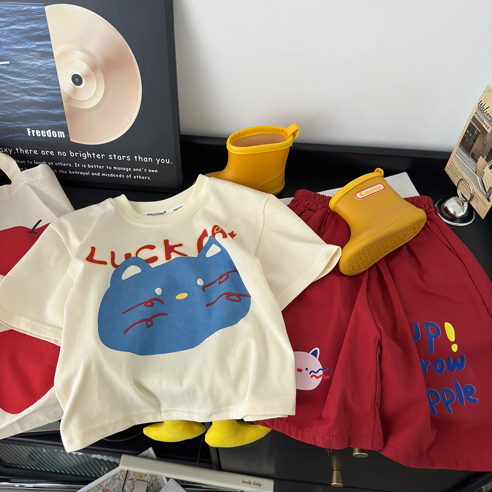 2025夏季新款儿童大脸猫短袖短裤爆款卡通宽松韩版套装
