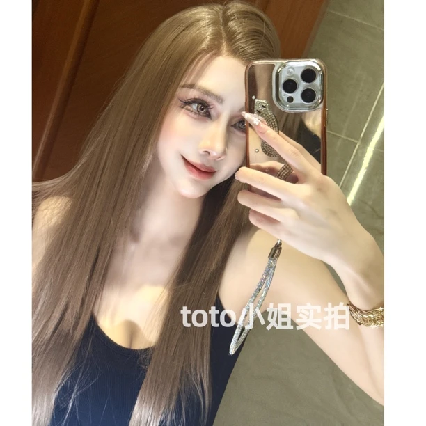 【榛果拿铁】亚麻青灰棕高层次直发·免发网半蕾丝逼真进口丝假发套