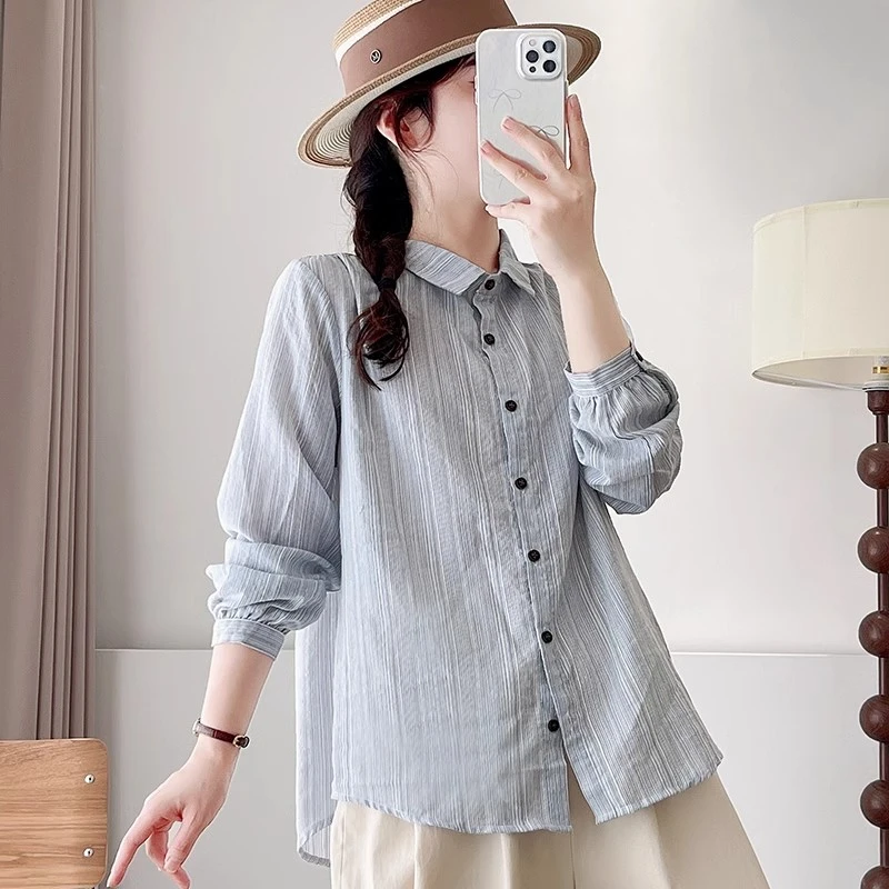 慵懒蓝色条纹衬衫气质宽松韩版显瘦时尚复古休闲叠穿内搭上衣外套