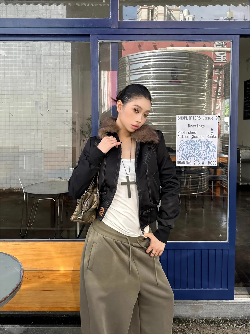 BINXLAN美式复古毛领明线夹棉夹克女秋冬宽松休闲潮流显瘦短外套