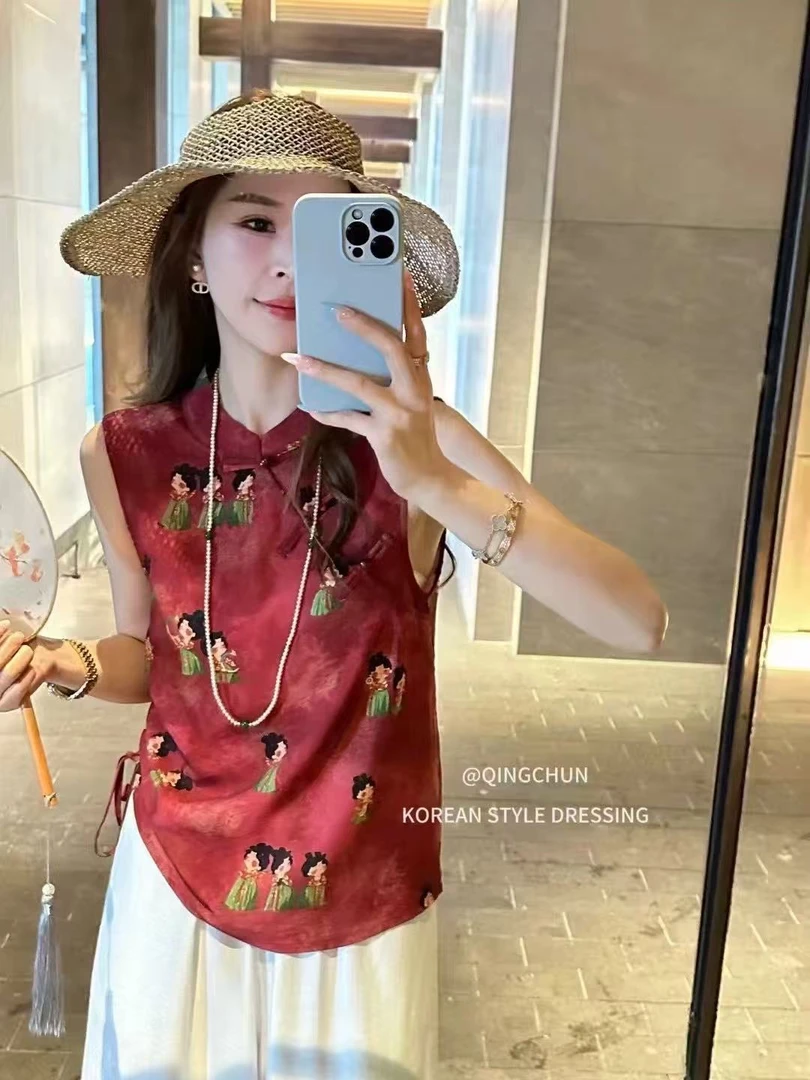 YZ 天丝亚麻~M胸100长65国风夏季新款小唐人无袖上衣 1437