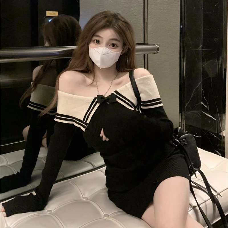 初恋蝴蝶结一字肩长袖连衣裙针织女新款辣妹修身秋季显瘦短裙裙子